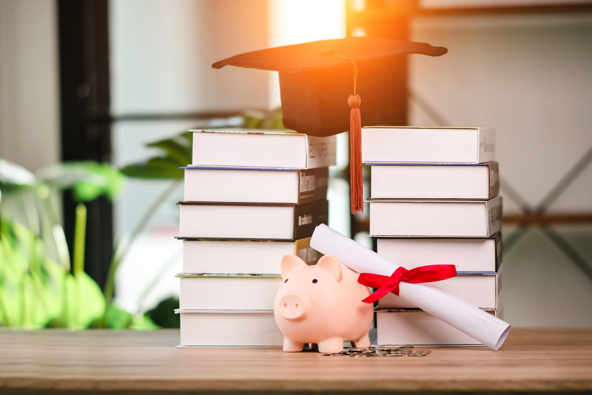 piggy bank With Graduation Cap on old wood,Money saving concept.