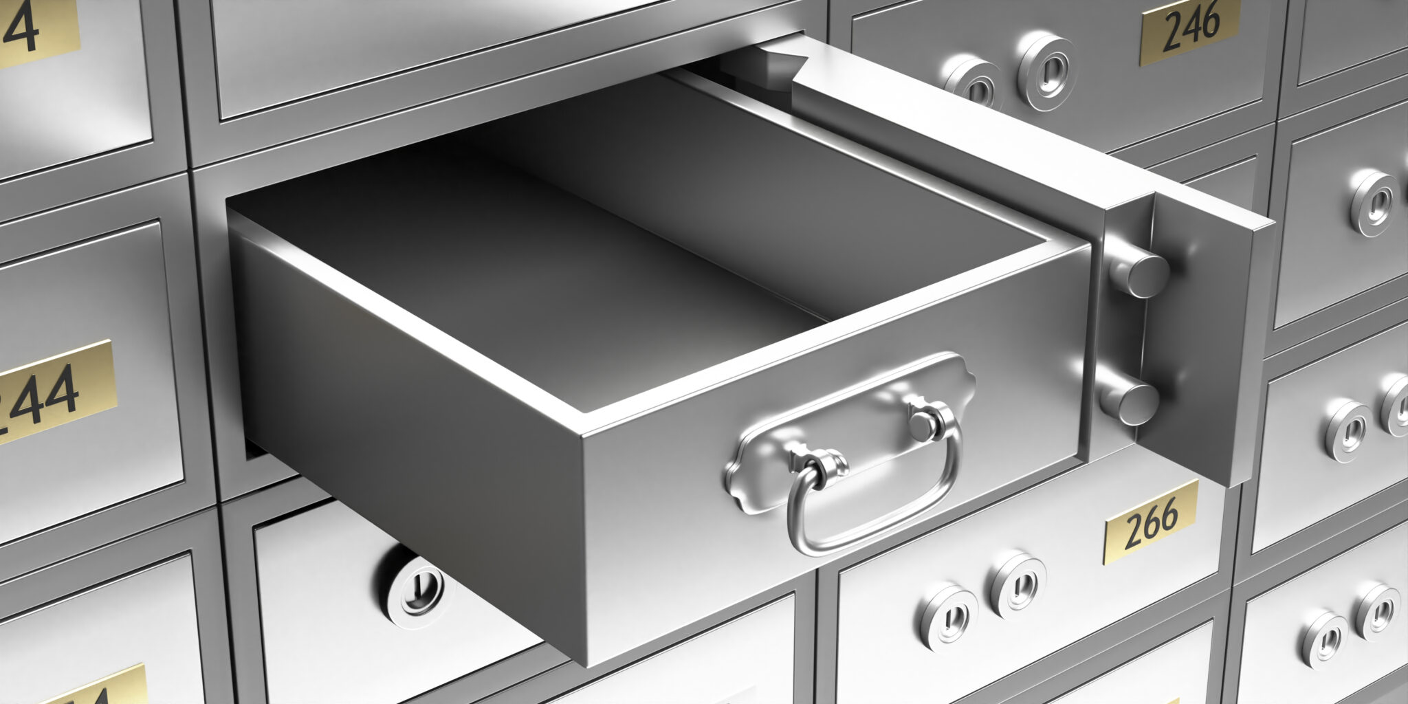 Safe deposit box closeup. Open unlock metal bank locker and empty drawer, valuables and jewels safekeeping concept. 3d illustration