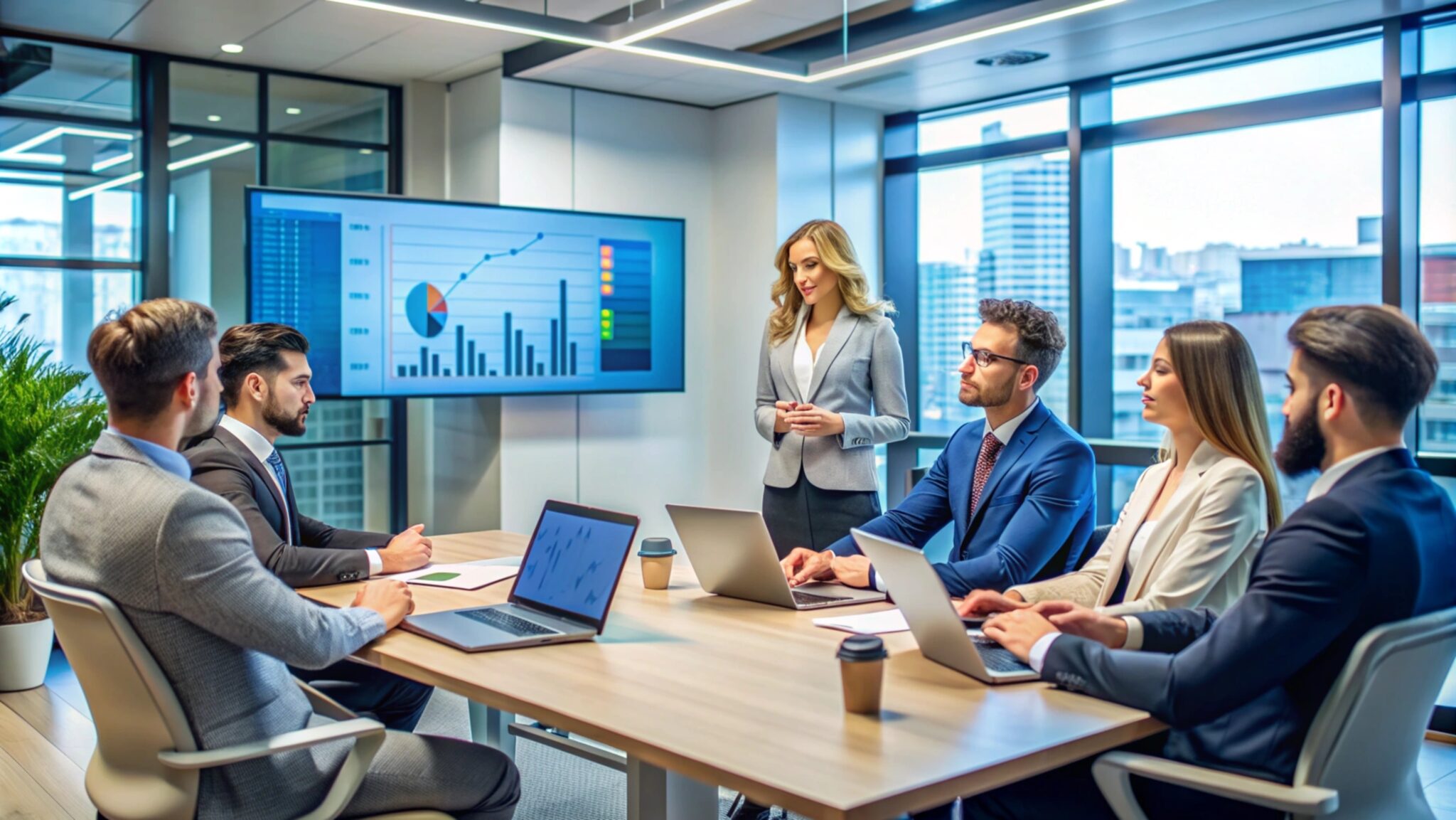 Business people meeting around table discussing data.